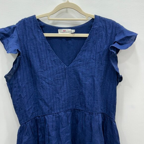 Vineyard Vines Pintuck Deep Bay Blue Linen Ruffle Sleeve V-Neck Mini Dress Large - Picture 4 of 11